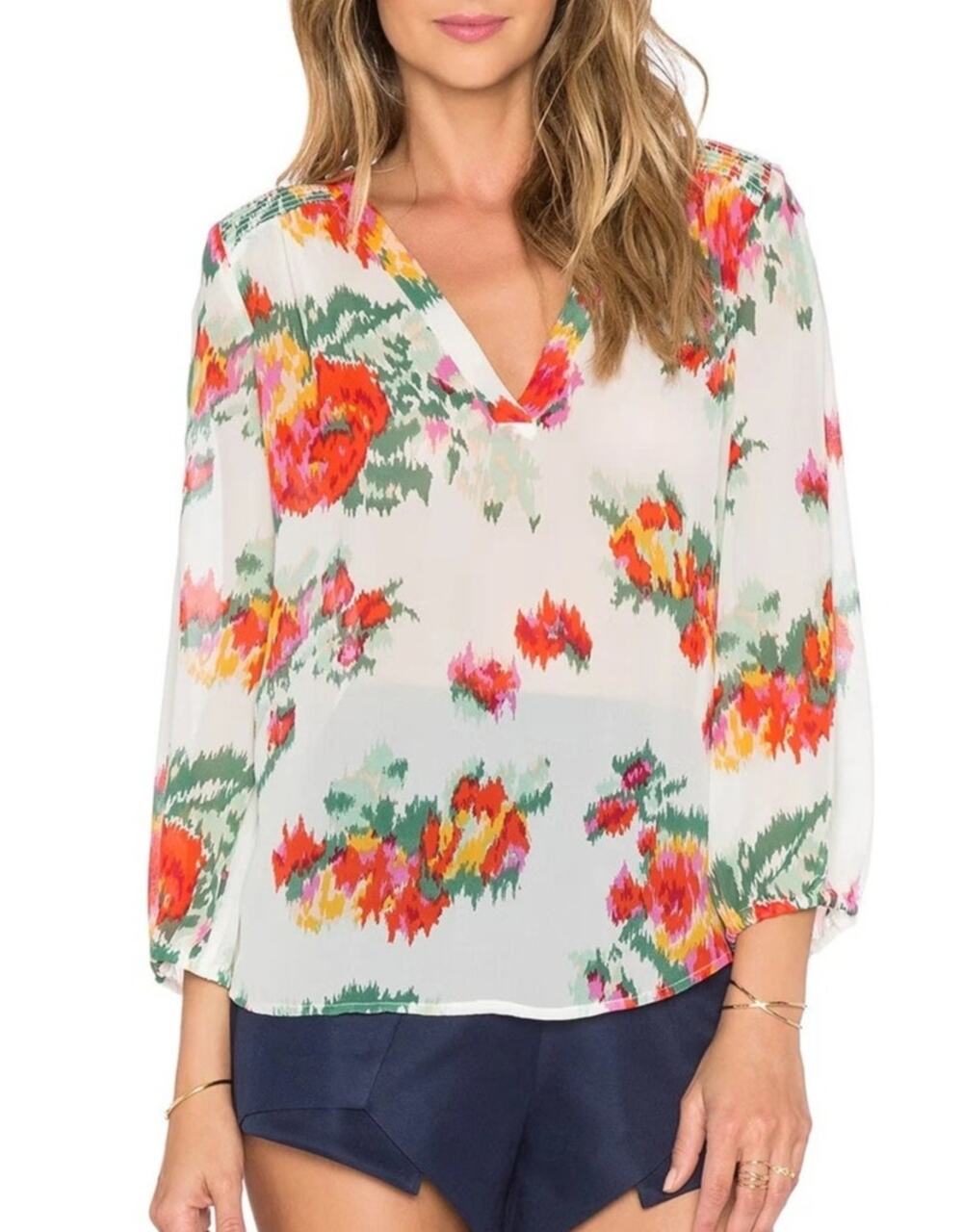 Joie Womens 100% Silk Sheer Floral Blouse XS White Boho Romantic Fall Cottage